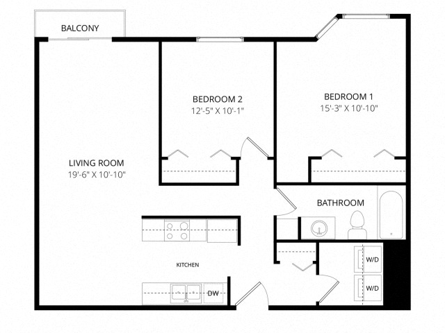 Floor plan for 2 beds, 1 bath, 825 sqft